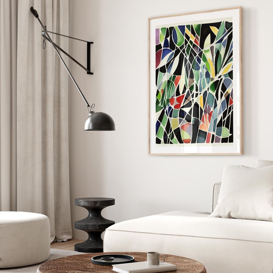 Plakat w ramie 30x40 - Taniec Plam i Kształtów - abstrakcyjny akwarelowy obraz, plamy - rama drewno