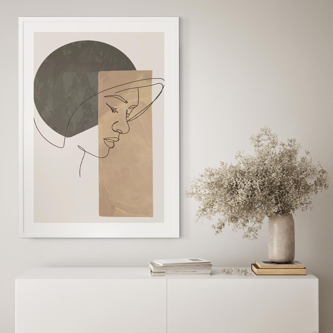 Plakat bez ramy 40x50 - Jedną Linią: Kobieca Twarz - abstrakcja, plamy w tle