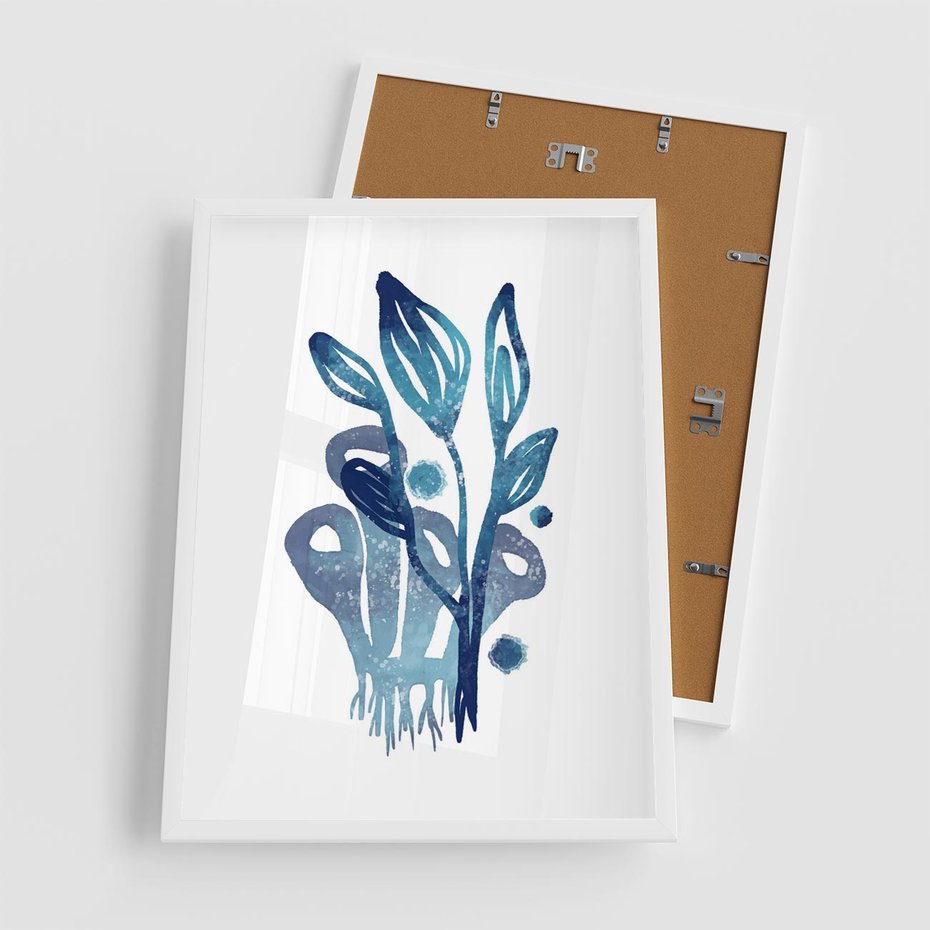 Plakat w ramie 50x70 - Akwarelowy Błękit - pastelowy, abstrakcyjny plakat - rama biała