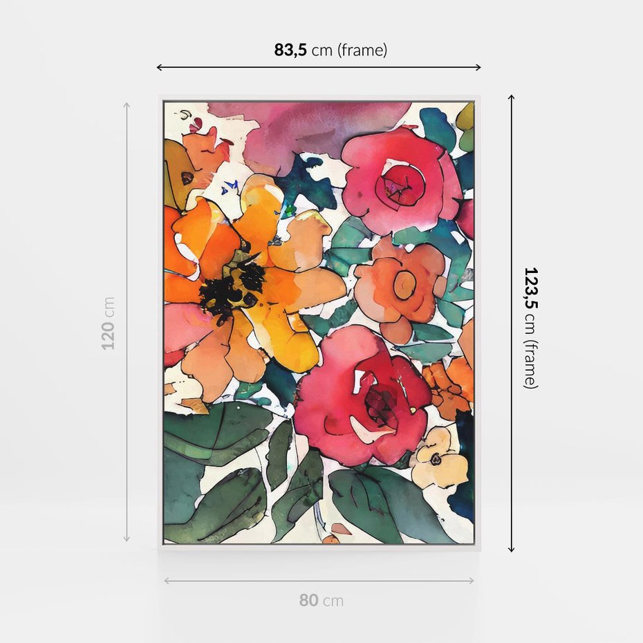 Obraz w ramie 80x120 - Kwiatowy Impuls Kolorów - abstrakcyjne kolorowe kwiaty, szkic - rama biała