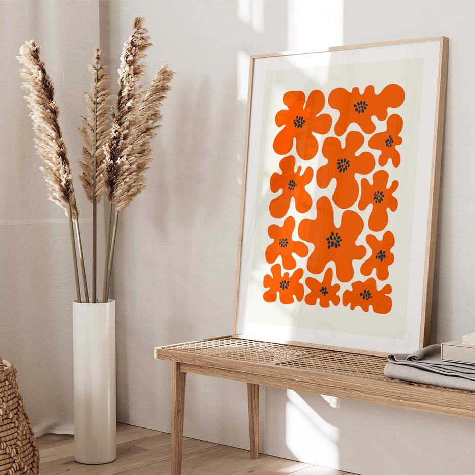 Plakat w ramie 50x70 - Wibracje Przestrzeni - abstrakcyjne czerwone kwiaty, kompozycja - rama drewno