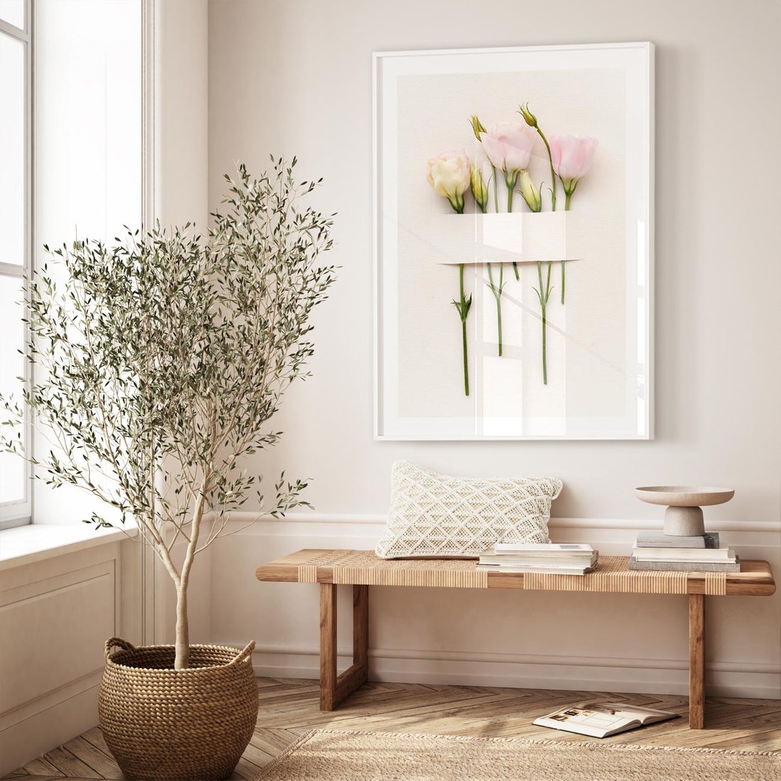 Plakat w ramie 40x50 - Białe kwiatowe uniesienia - białe, kwiaty - rama biała