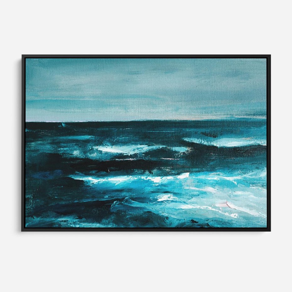 Obraz w ramie 70x50 - Burza Nad Granatowym Oceanem - piękny marynistyczny obraz olejny, wzburzone ciemne morze - rama czarna