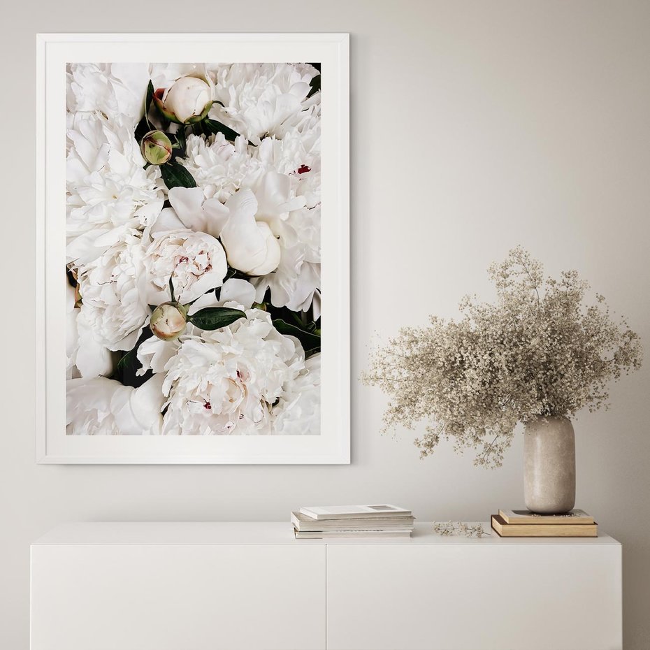 Plakat w ramie 40x50 - Modne Białe Kwiaty - białe kwiaty, płatki - rama biała