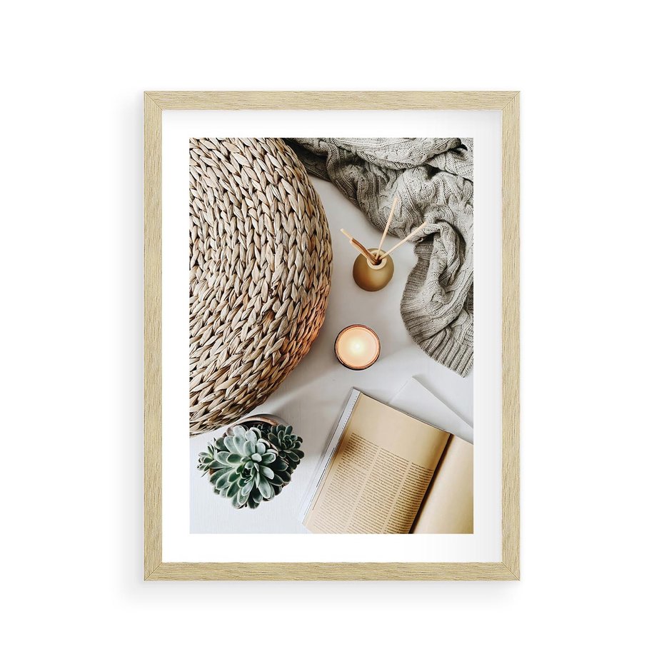 Plakat w ramie 30x40 - Przytulna Kompozycja Lifestyle - kompozycja lifestyle, wiklina - rama drewno