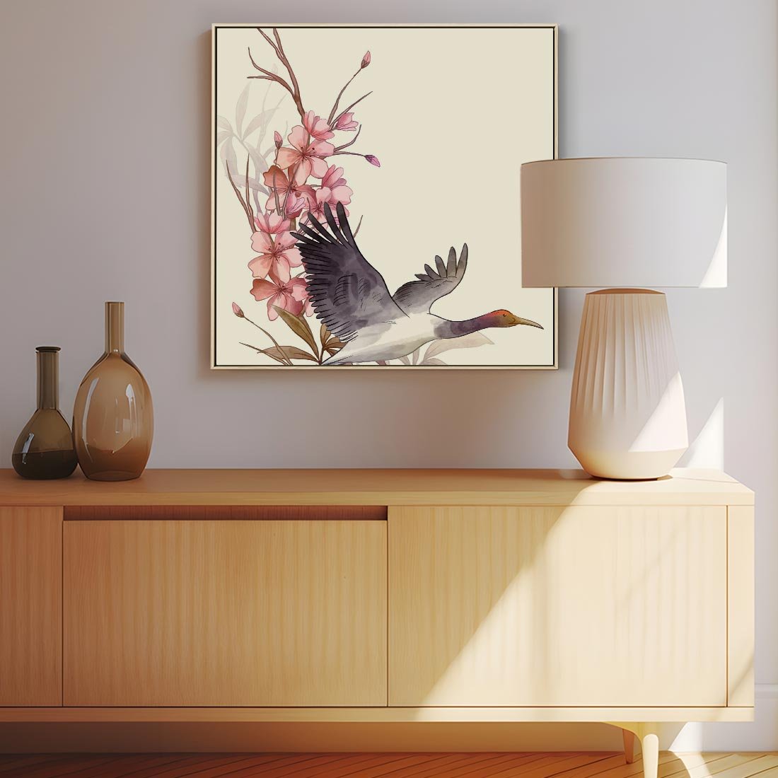 Obraz w ramie 80x80 - Szept Japonii - japońska sztuka, ptak - rama drewno