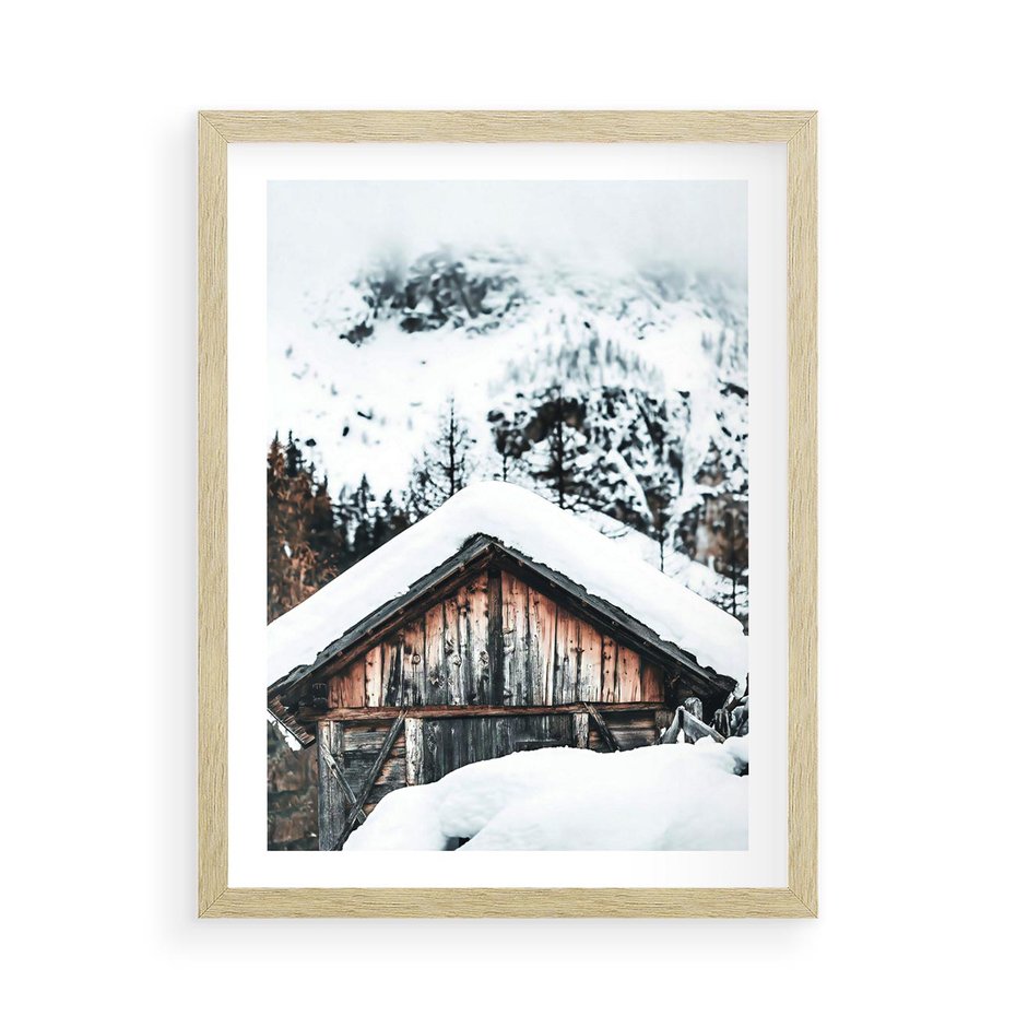 Plakat w ramie 50x70 - Domek w Górach w Białym Odcieniu - zima, domek w górach - rama drewno