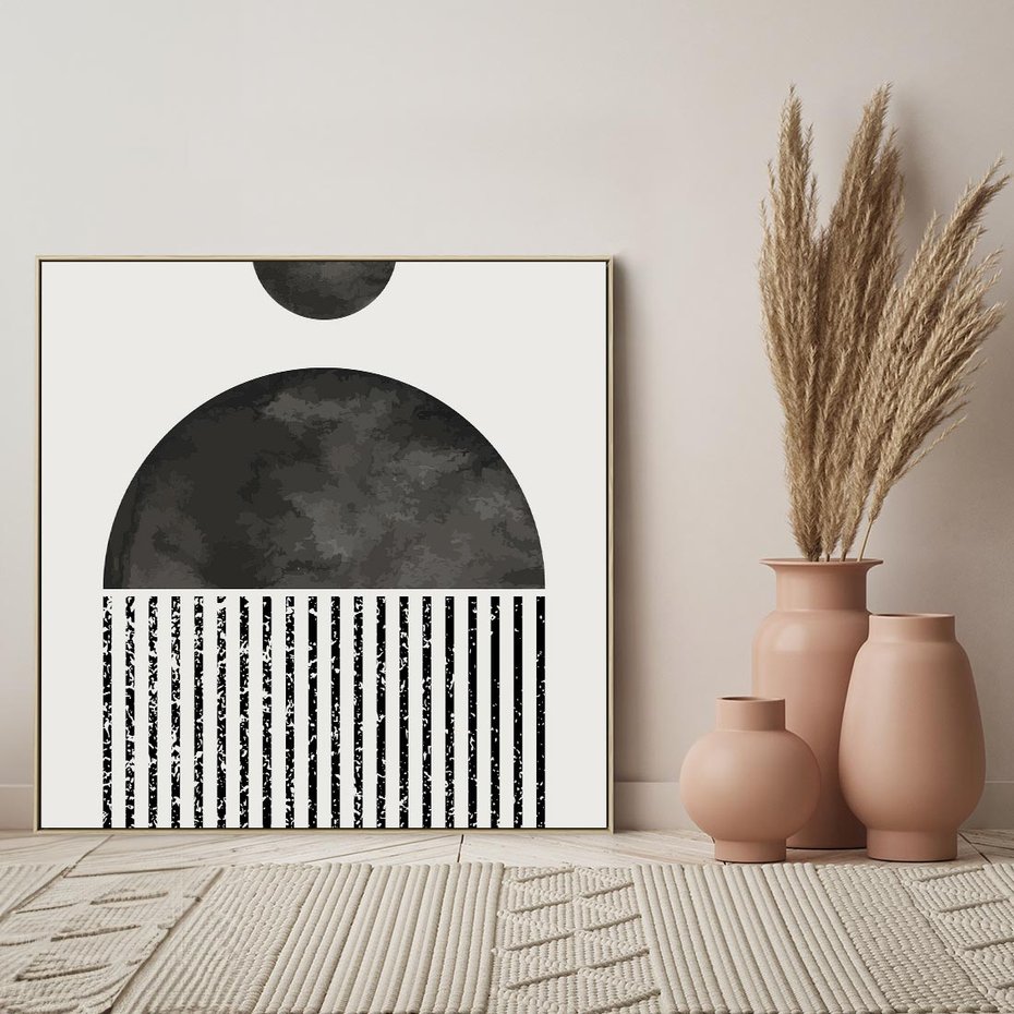 Obraz w ramie 50x50 - Księga Wibracji - abstrakcyjne czarno białe formy, minmalizm - rama drewno