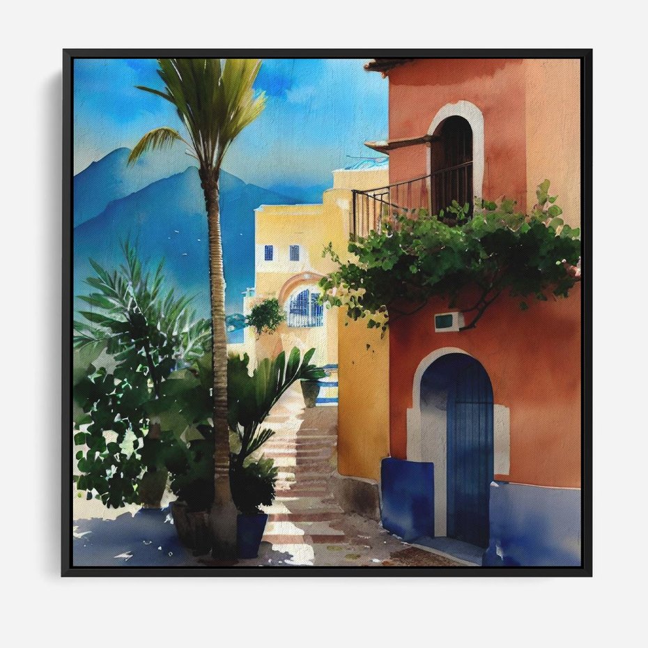 Obraz w ramie 50x50 - Spokój Miasta nad Morzem - akwarela, sródziemnomorski klimat - rama czarna