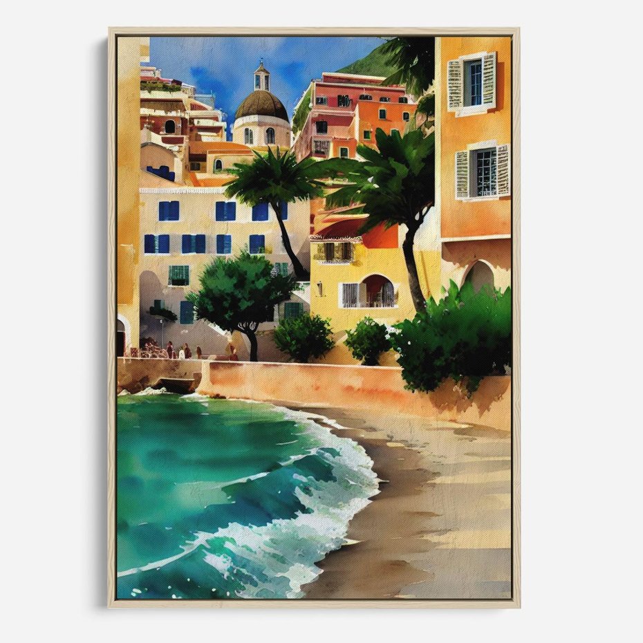 Obraz w ramie 80x120 - Zamieszkajmy Tu - akwarela, śródziemnomorski klimat - rama drewno