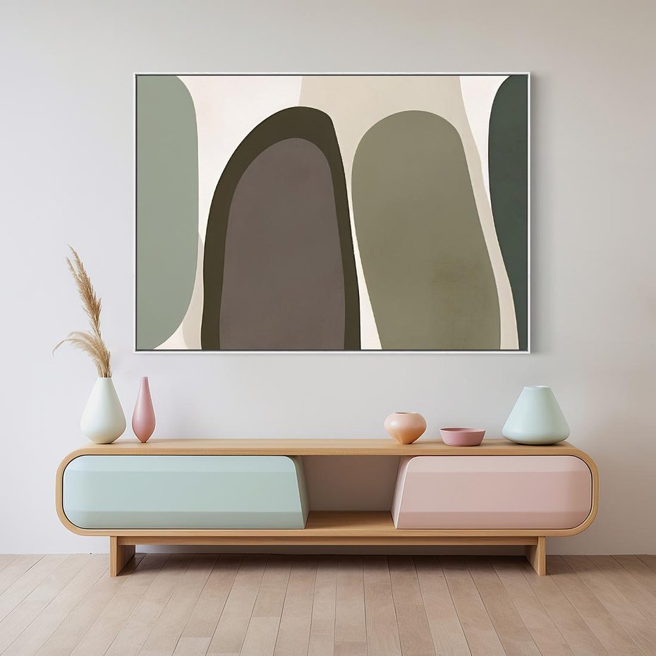 Obraz w ramie 120x80 - Fale w Zieleni - abstrakcyjne kształty, zgaszona zieleń - rama biała