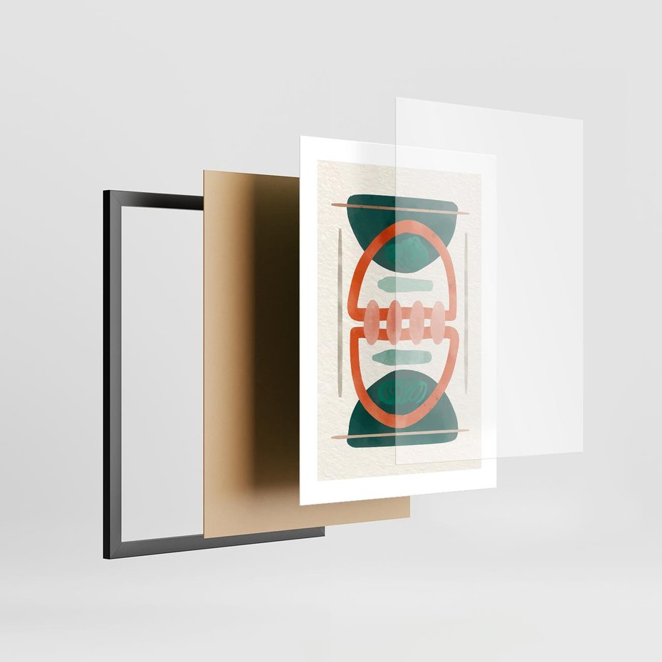 Plakat w ramie 30x40 - Oryginalny obraz abstrakcyjny w nowoczesnym stylu. Geometryczne akwarelowe kształty w intensywnych odcieniach zieleni i pomarańczu. Doskonała dekoracja dla miłośników sztuki. - abstrakcyjny obraz, sztuka nowoczesna - rama czarna