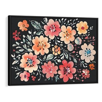 Obraz w ramie 70x50 - Labirynty melancholii - akwarelowe, pastelowe kwiaty na czarnym tle - rama czarna