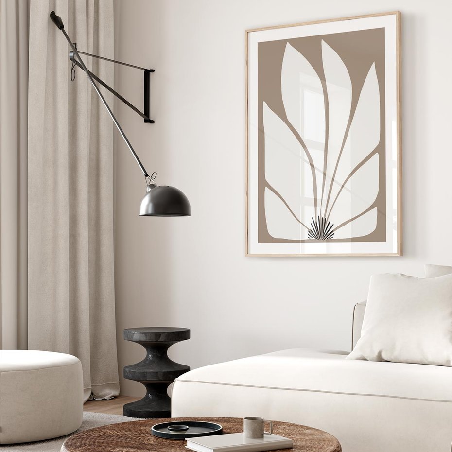 Plakat w ramie 50x70 - Ekspresyjne Kontury - abstrakcyjny kwiat, beże i brązy - rama drewno