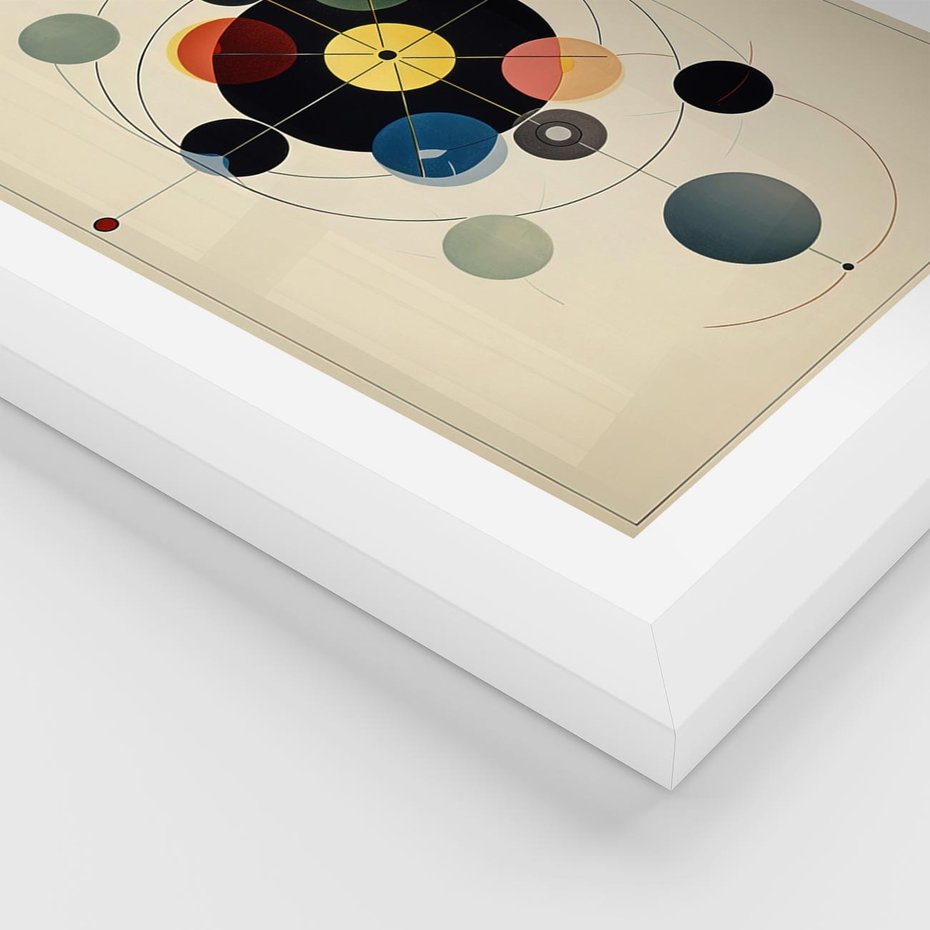 Plakat w ramie 40x50 - Bezgraniczny Taniec Światła - abstrakcyjna geometryczna kompozycja, koła linie - rama biała