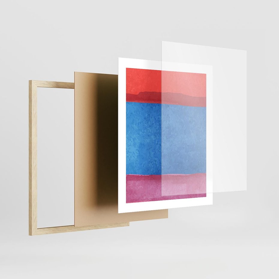 Plakat w ramie 40x50 - Migocące Formy - kolorowe akwarelowe pasy, odcienie czerwień - rama drewno