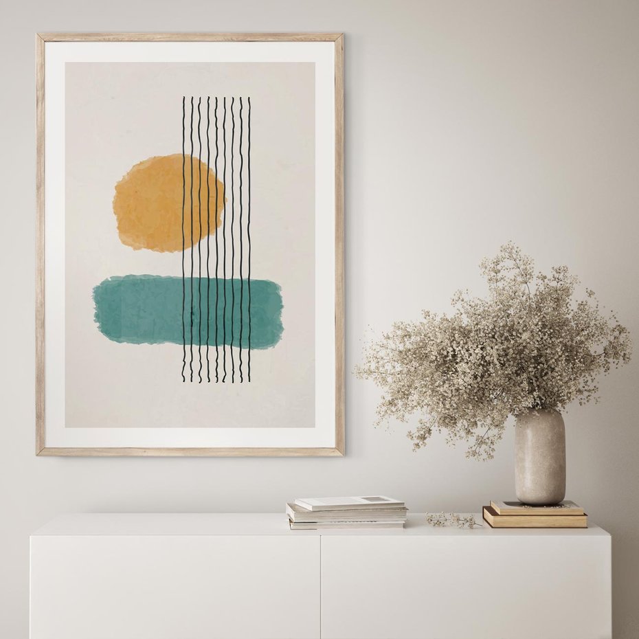 Plakat w ramie 40x50 - Wibracje Barw - abstrakcyjne akwarelowe plamy, nieregularne kreski - rama drewno