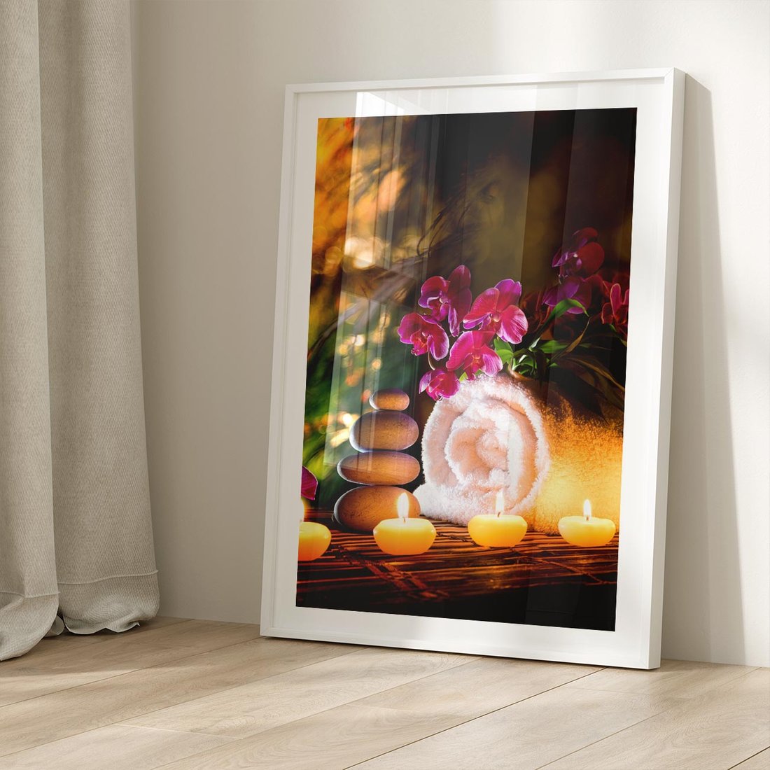 Plakat w ramie 50x70 - Relaksujące spa z płonącymi świecami - spa, świece - rama biała
