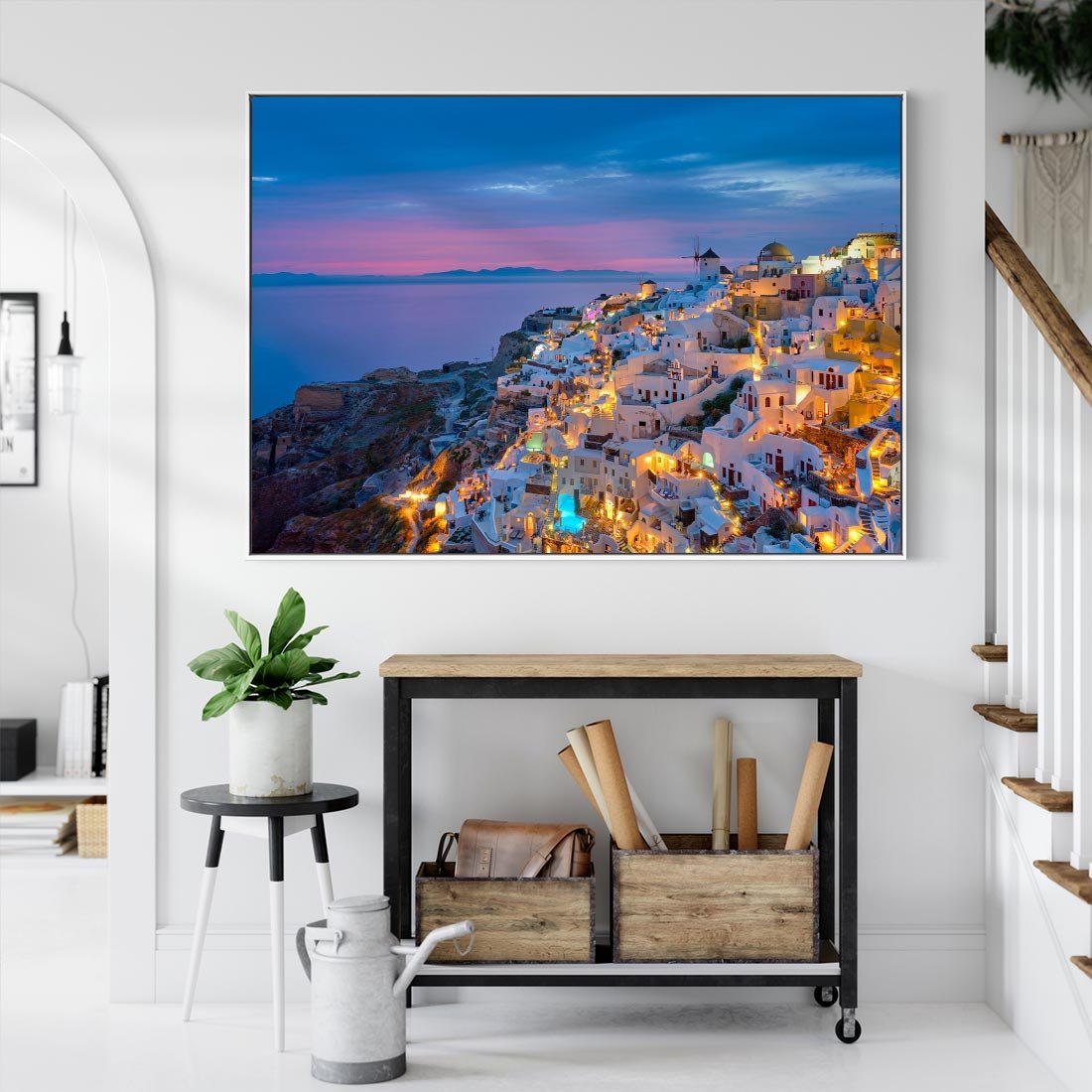Obraz w ramie 70x50 - Wyblakłe wspomnienia gwiazd - Santorini, wieczór - rama biała