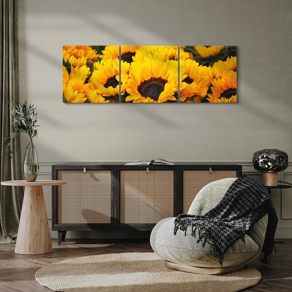 Obraz na płótnie 90x30 - promień słoneczny w kwiatowym świecie - słoneczniki, kwiat