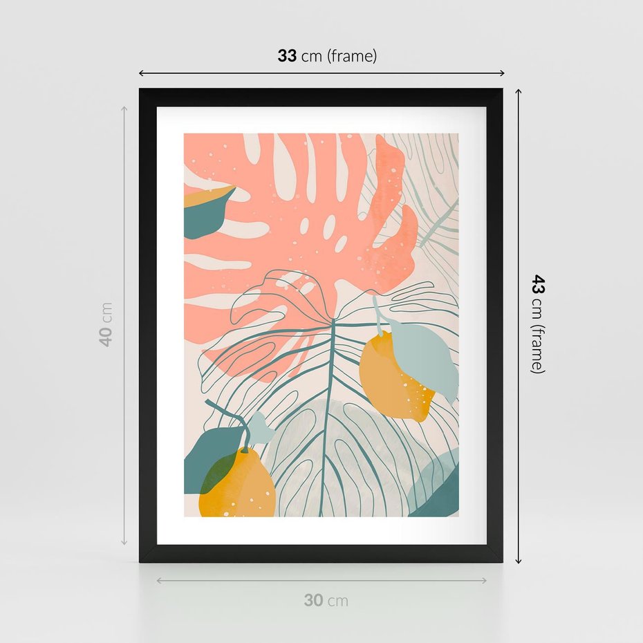 Plakat w ramie 30x40 - Sztuka Natury: Liście Monstery w Pastelach - nowoczesna grafika, pastelowe liście monstery - rama czarna