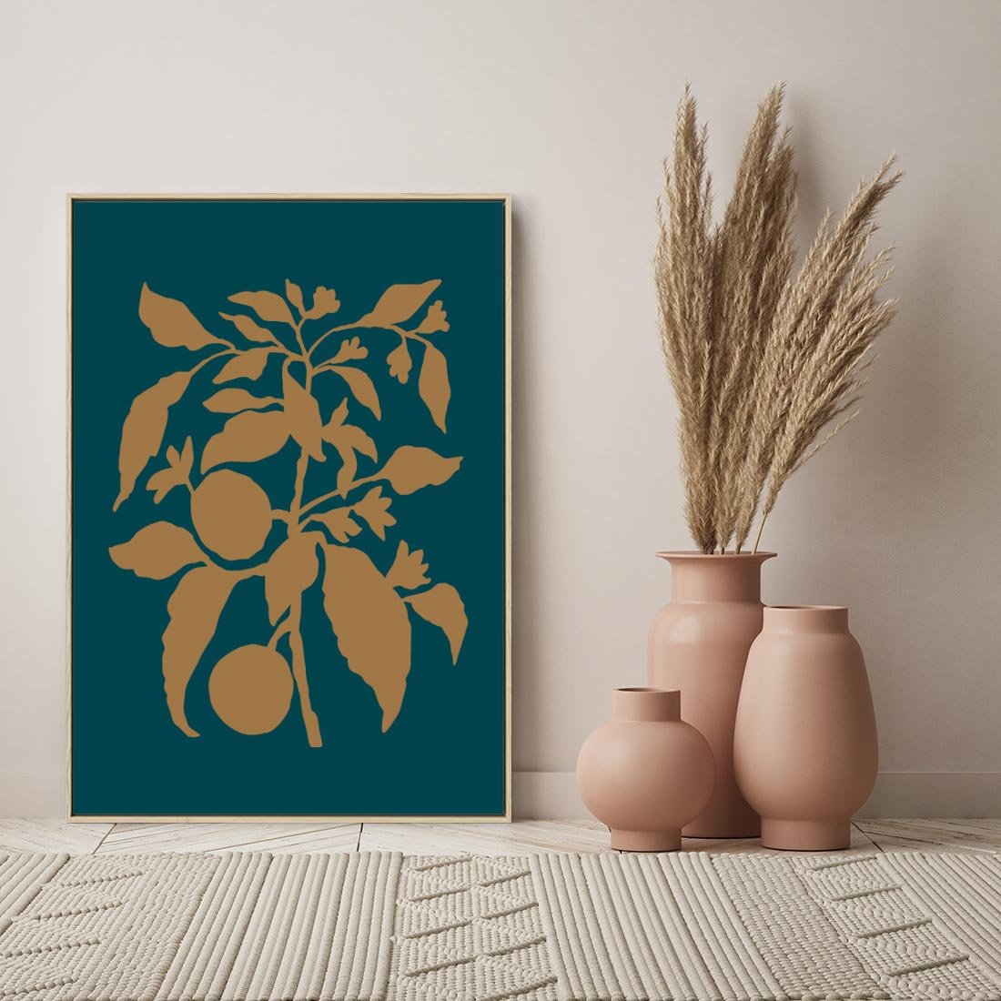 Obraz w ramie 80x120 - Boho Ekspresja Emocji - abstrakcyjna boho grafika, ciemne zielone tłó - rama drewno