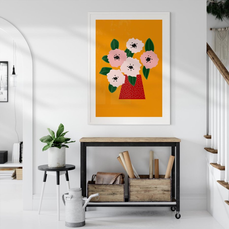 Plakat bez ramy 50x70 - Harmonijne Granice - abstrakcyjne kwiaty, żółte tło