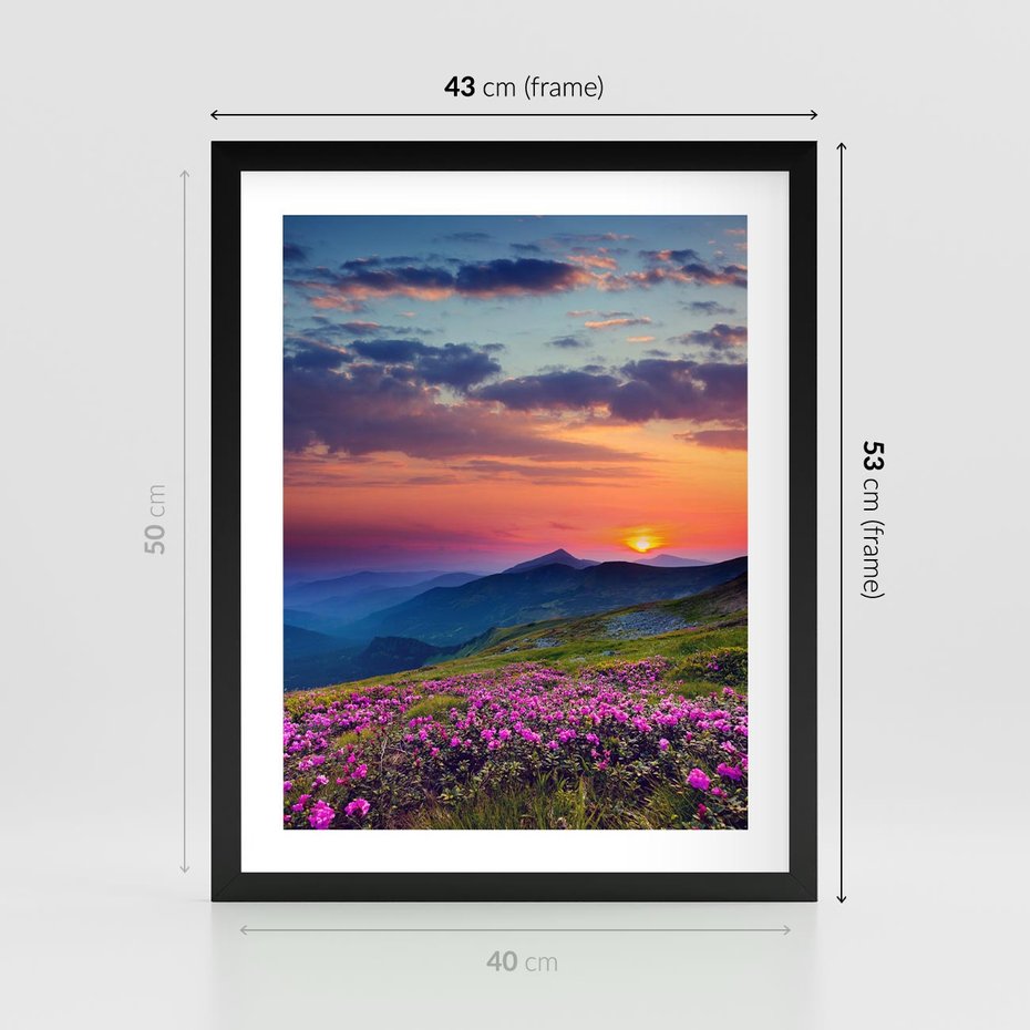 Plakat w ramie 40x50 - Górski Zachód - góry, łąka - rama czarna