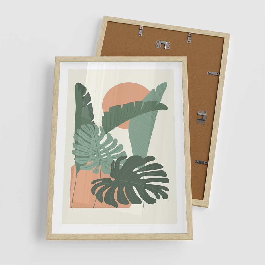 Plakat w ramie 50x70 - Abstrakcyjne Tropiki - liście, rośliny tropikalne w graficznym stylu - rama drewno