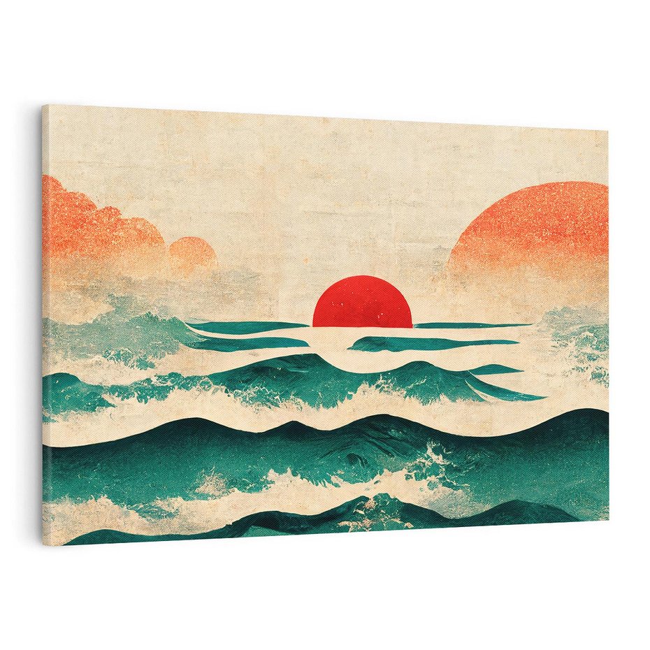 Obraz na płótnie 100x70 - Czerwone Melodie - japońska sztuka, zachód słońca nad oceanem