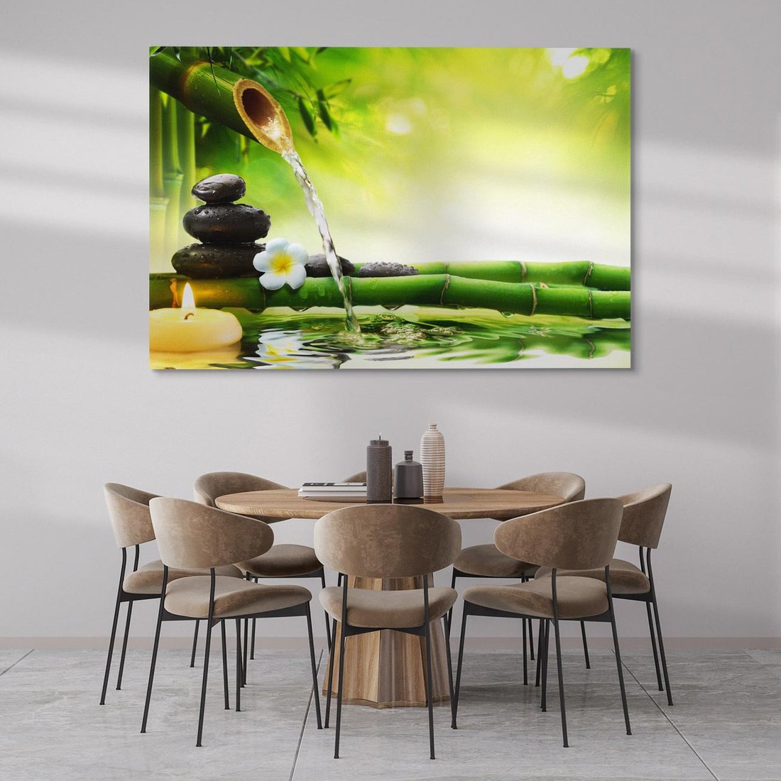 Obraz na płótnie 120x80 - Harmonia natury: Bambus, woda, kamienie - bambus, woda