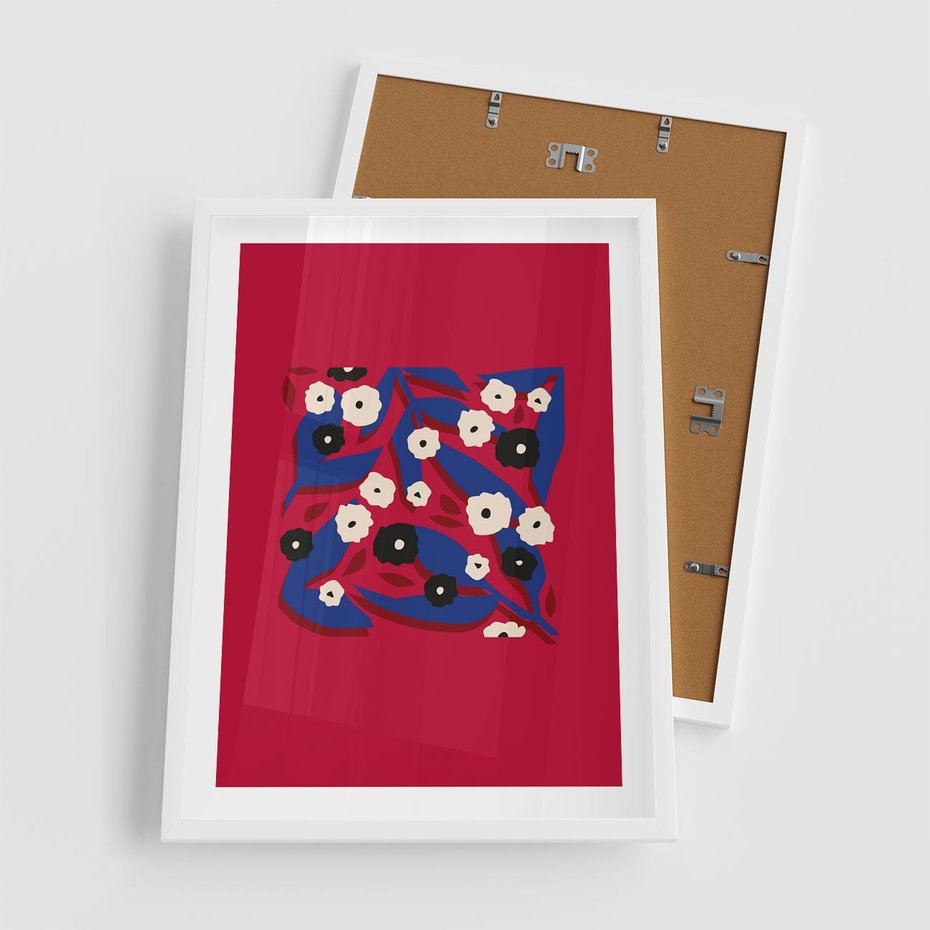 Plakat w ramie 50x70 - Kolorowe Przenikanie - abstrakcyjna kwiatowa kompozycja, czerwone mocne tło - rama biała