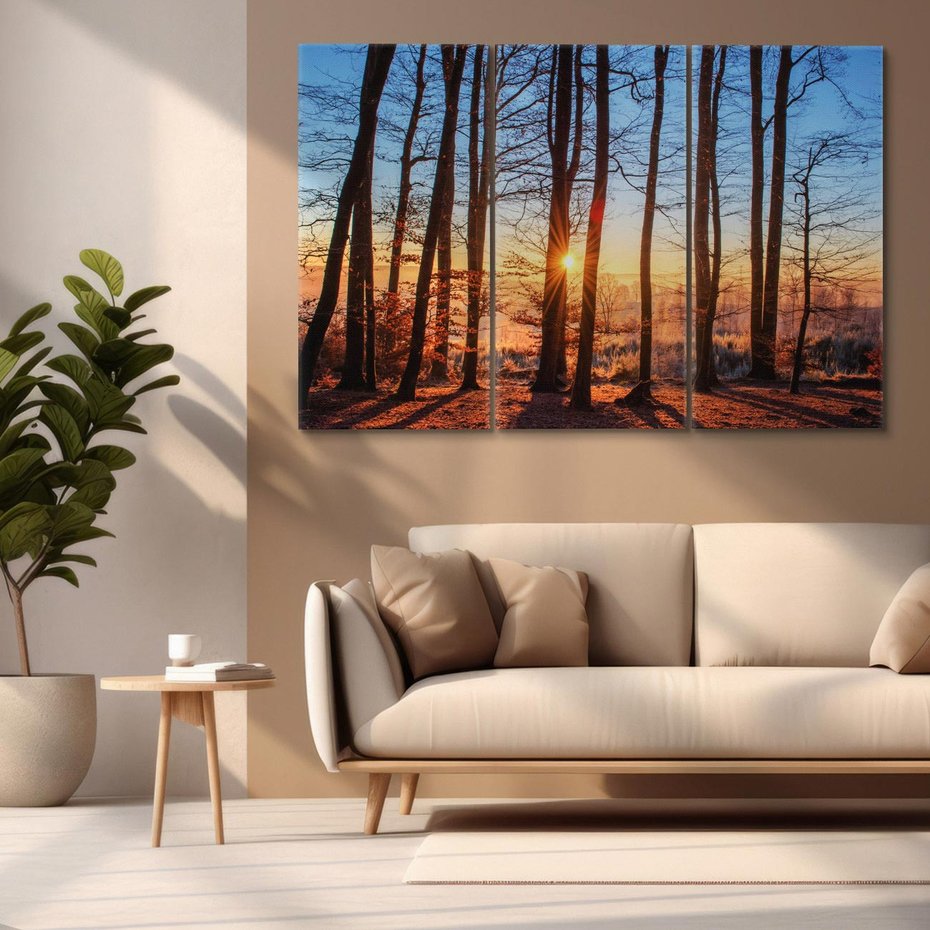 Obraz na płótnie 120x80 - Zachód słońca w jesiennym lesie - zachód słońca,