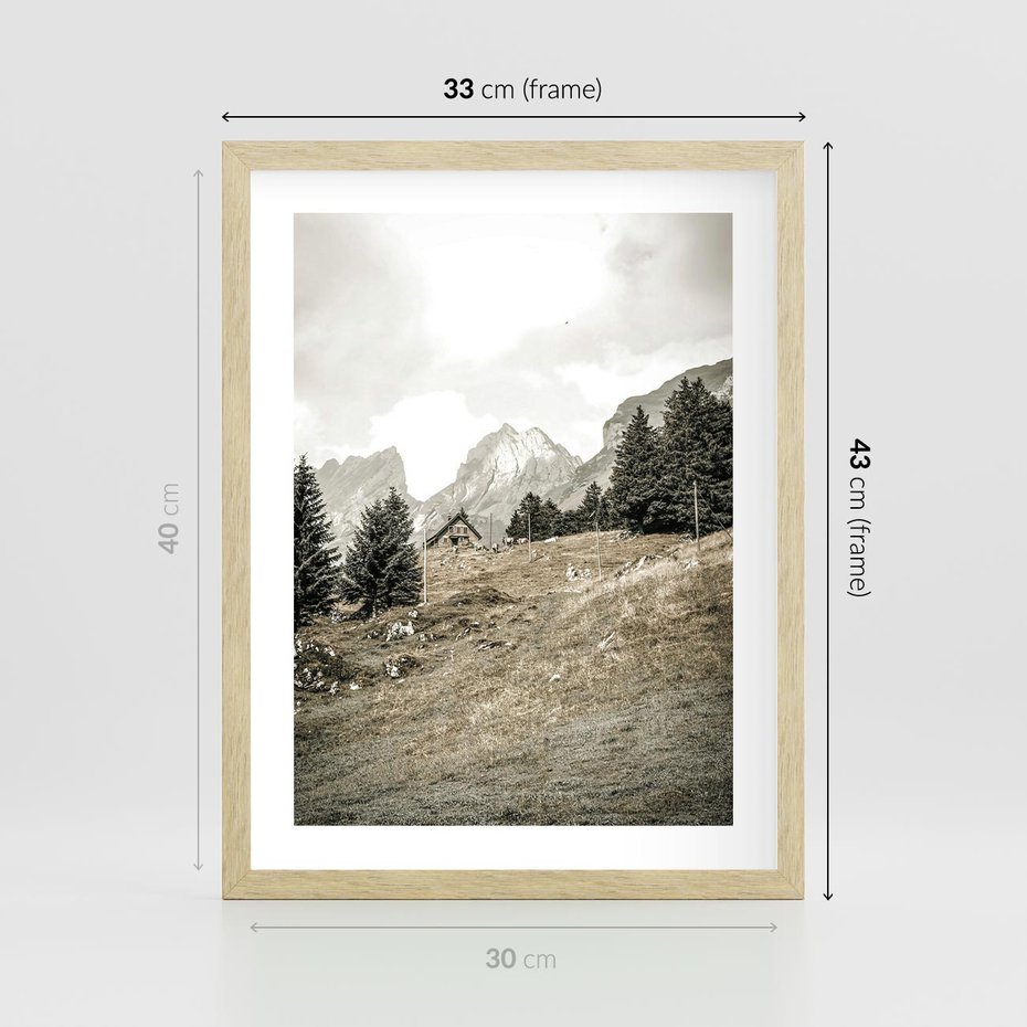 Plakat w ramie 30x40 - Krajobraz Sepii: Domek w Górach - domek w górach, góry - rama drewno