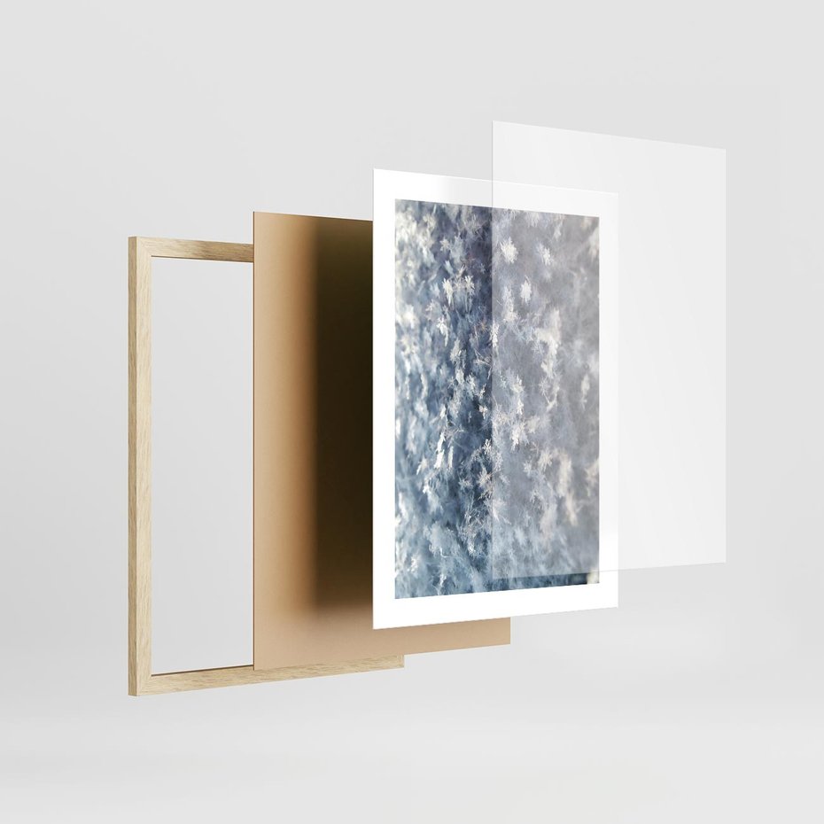 Plakat w ramie 30x40 - Magia Śnieżnych Kryształków - śnieg, szron - rama drewno