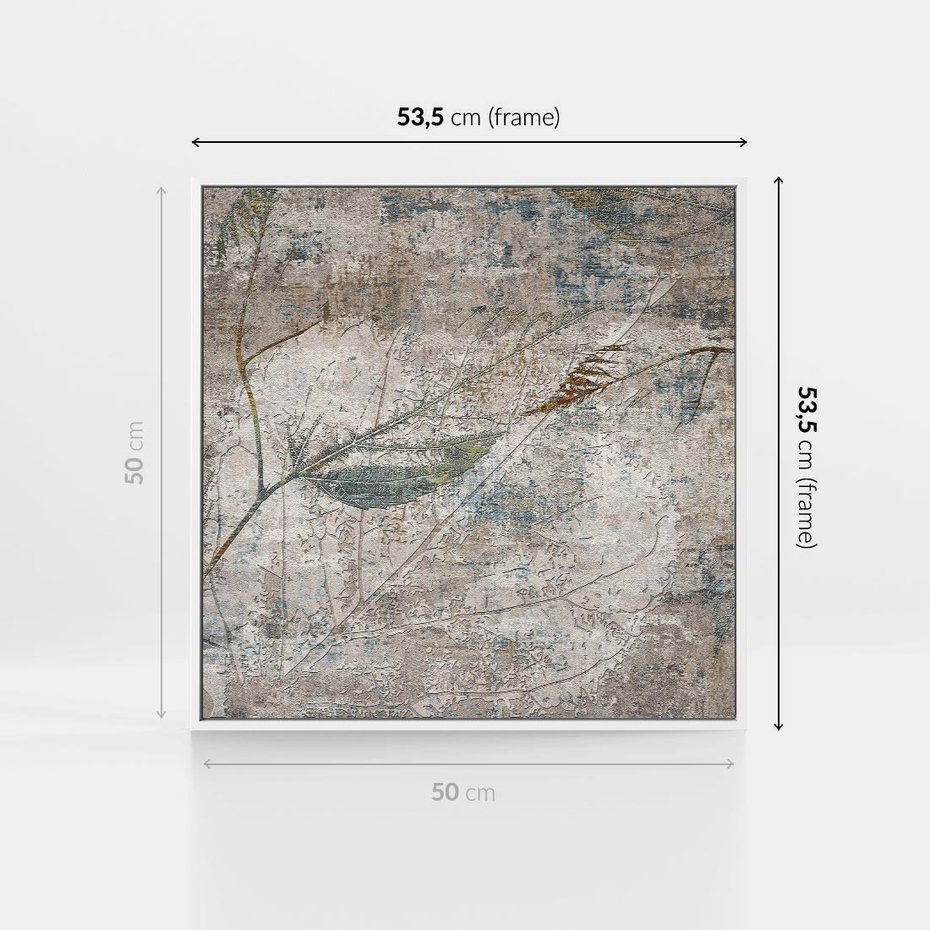 Obraz w ramie 50x50 - Betonowe Wspomnienia Liści - odciski w betonie, odbitki - rama biała