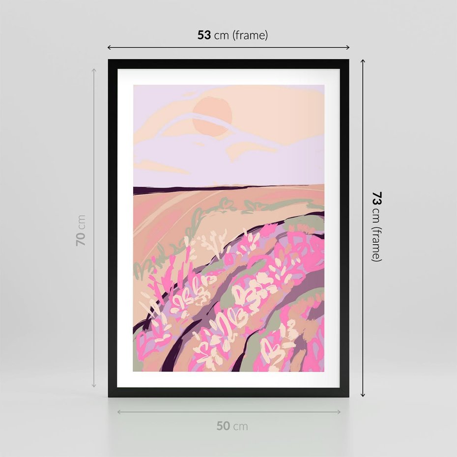 Plakat w ramie 50x70 - Harmonijny Świt - pastelowy krajobraz, nowoczesny plakat - rama czarna