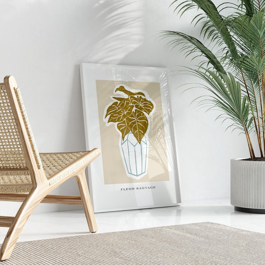 Plakat w ramie 40x50 - Rytmy Nowych Wizji - abstrakcyjne liście, tropikalne w wazonie - rama biała