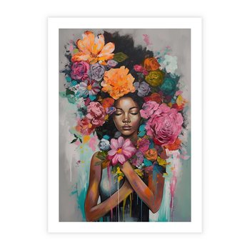 Plakat bez ramy 50x70 - Z Głową w Kwiatach - obraz olejny, sztuka nowoczesna