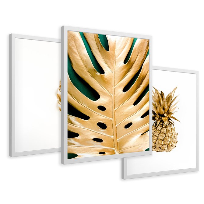 Zestaw obrazy w ramie 40x50 galeria - Złoty, ananas, monstera, gold - rama biała