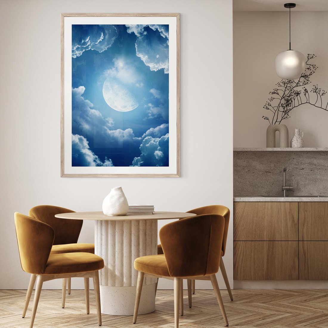 Plakat w ramie 40x50 - Księżycowe Chmury - księżyc, chmury - rama drewno