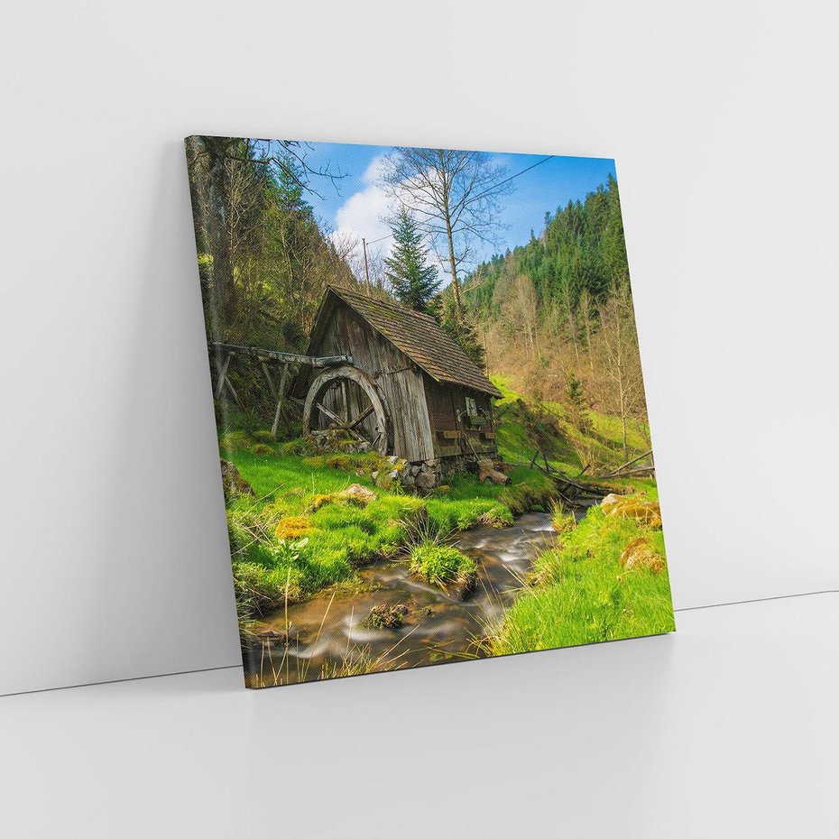 Obraz na płótnie 40x40 - Urok górskiego domku nad strumykiem - domek, góry