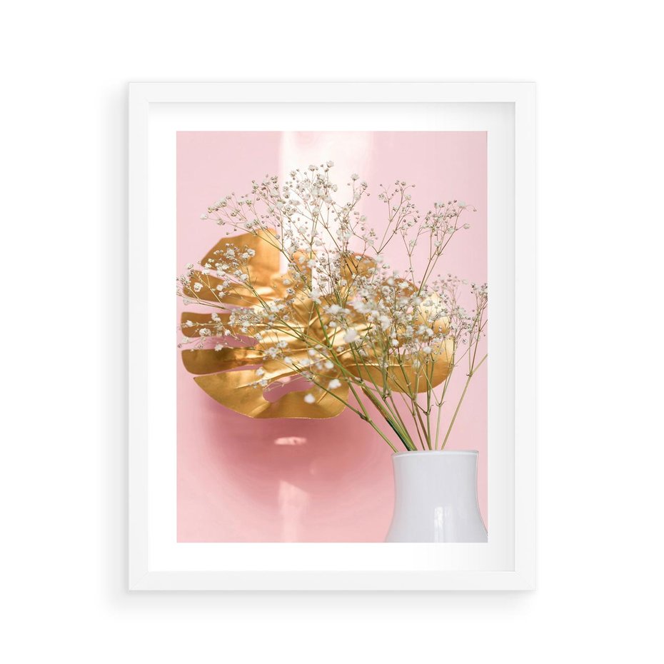 Plakat w ramie 40x50 - Złoty Akcent - złoty liść montery, gipsówka - rama biała