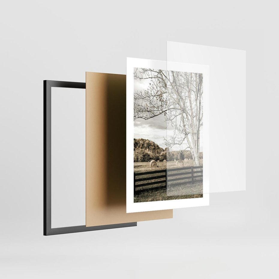 Plakat w ramie 30x40 - Drzewa i Snopki Siana - farma, drzewa - rama czarna