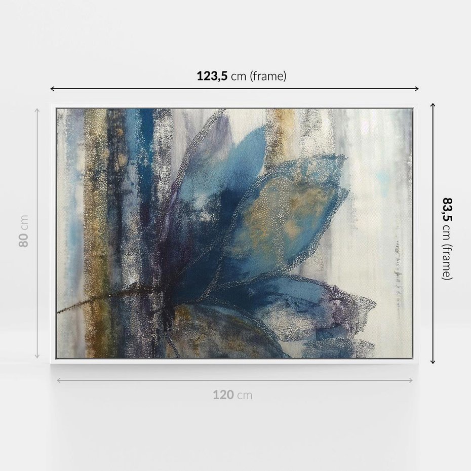 Obraz w ramie 120x80 - Tekstura Kwiatu - olejny obraz, niebieski kwiat - rama biała