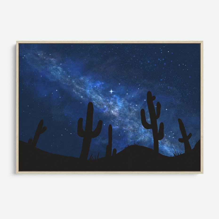 Obraz w ramie 70x50 - Nocne Tajemnice Pustyni - gwieździsta noc, granatowe niebo - rama drewno