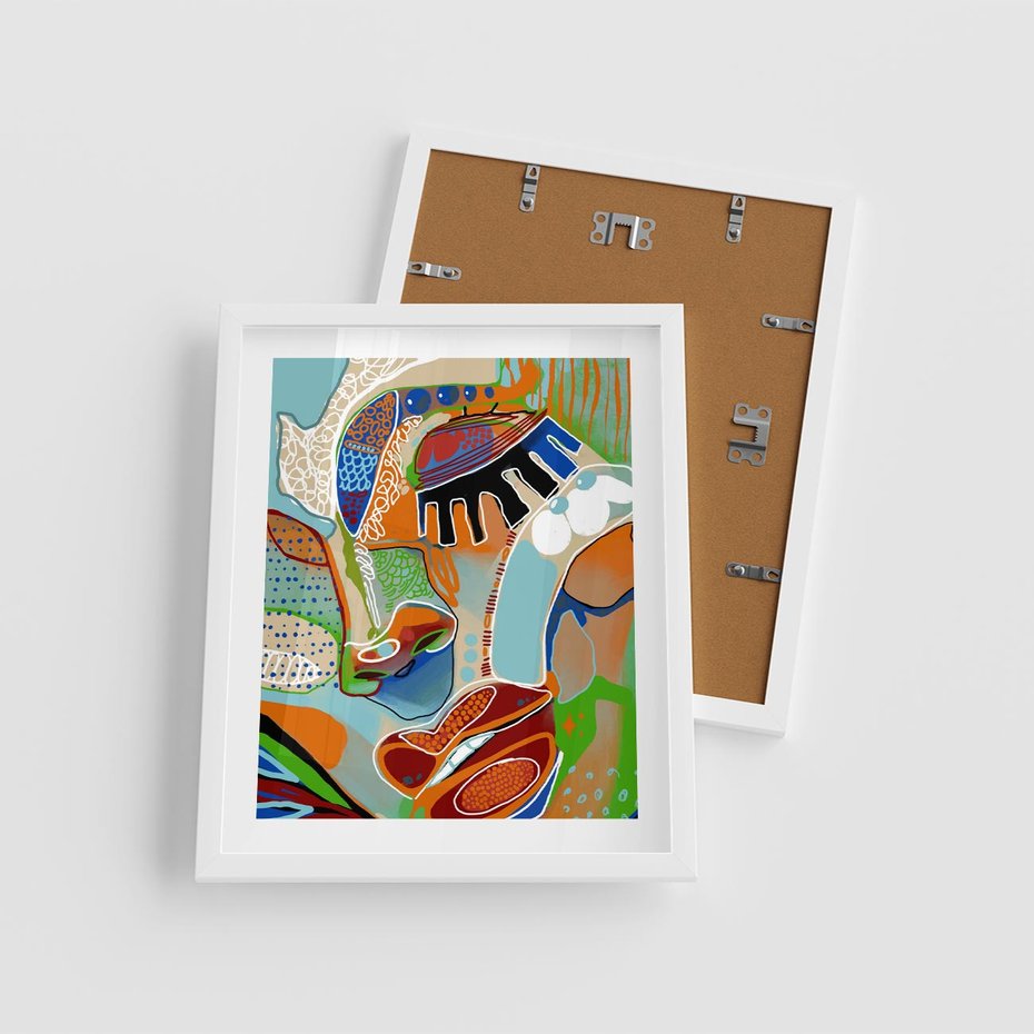 Plakat w ramie 40x50 - Wibracje Kształtów - abstrakcyjny portret kobiety, twarz - rama biała