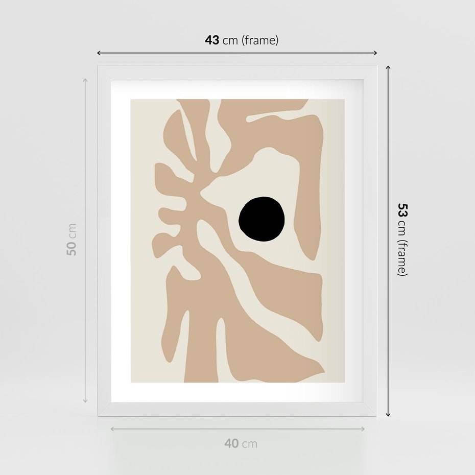 Plakat w ramie 40x50 - Eksploracja Abstrakcji - beżowa absrakcyjna kompozycja, czarny akcent - rama biała