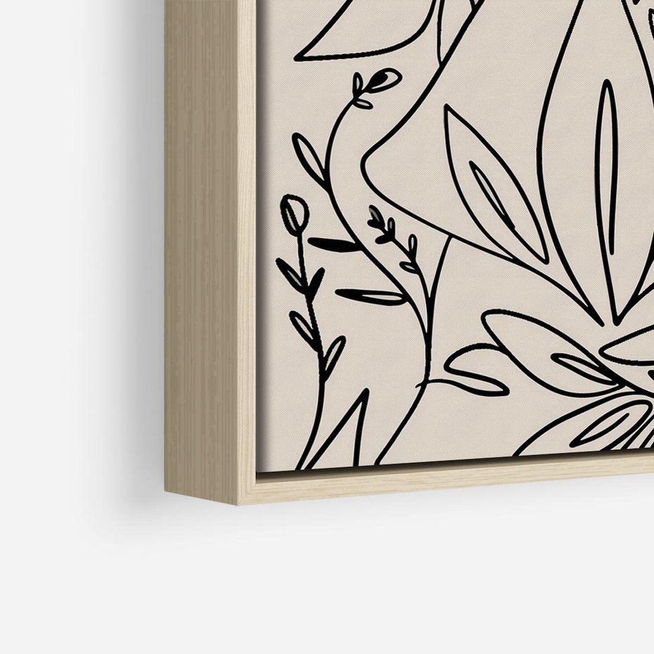 Obraz w ramie 80x80 - Kobiecy Portret Duszy - beżowe tło, czarny szkic nowoczesnych kwiatów - rama drewno