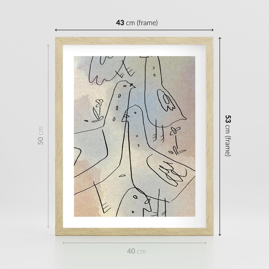 Plakat w ramie 40x50 - Strukturalna Gromada - abstrakcyjny plakat, szkic ptaków - rama drewno